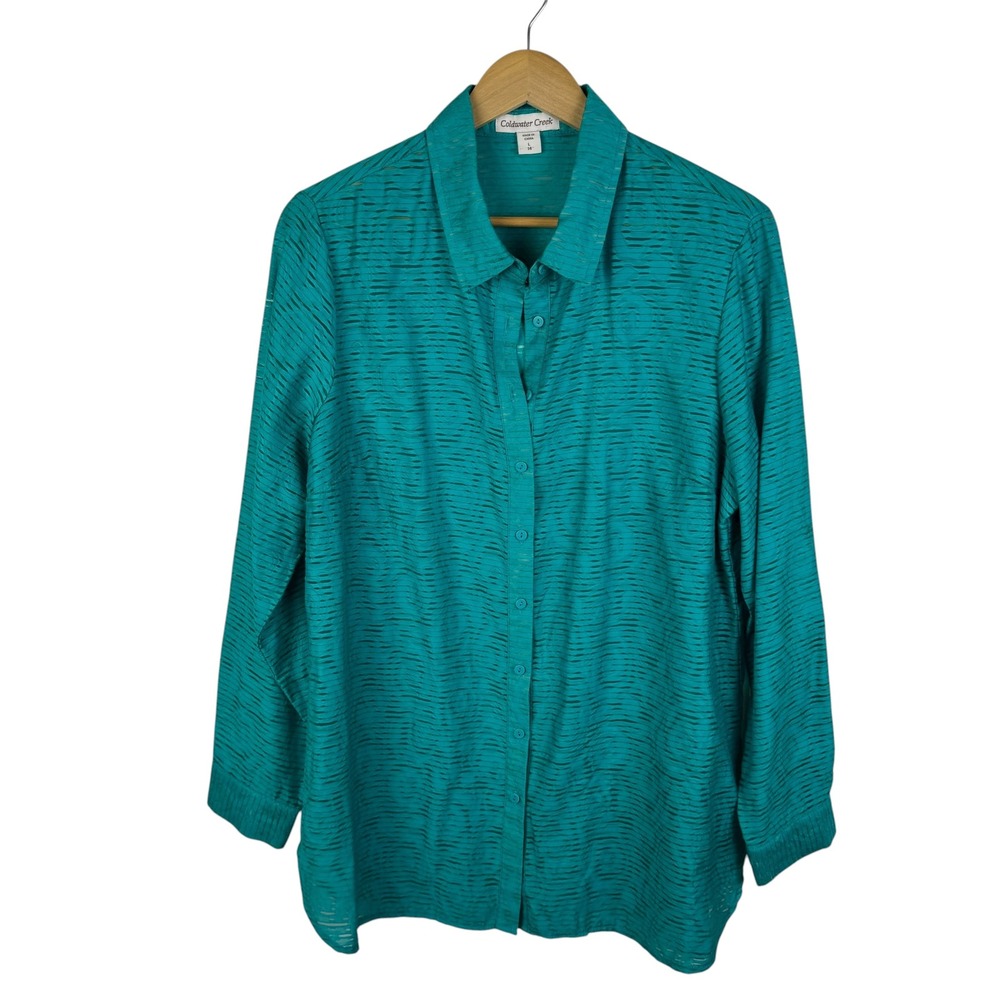 Coldwater Creek Sheer Textured Button Up Shirt Large Teal Long‎ Sleeve Office